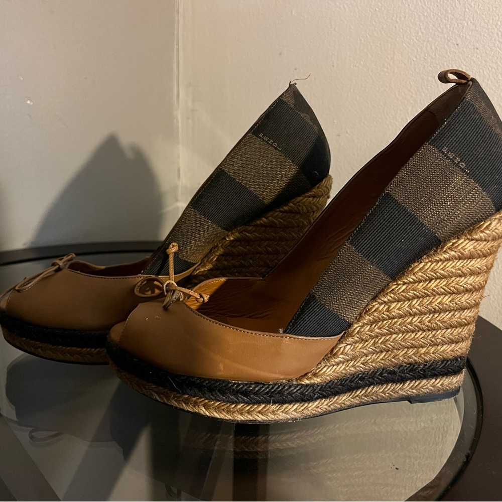 🖤🤎 Fendi Pequin Stripe Espadrille Wedge sandals